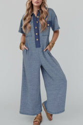 Placket Chest Pockets Short Sleeve Wide Leg Jumpsuit Dusty Blue OutfitFlow