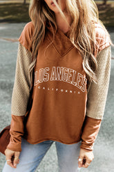 Letter Graphic Long Sleeve Hoodie Caramel OutfitFlow