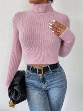 Ribbed Turtleneck Long Sleeve Sweater Carnation Pink OutfitFlow