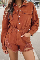 Distressed Raw Hem Snap Down Romper Caramel OutfitFlow