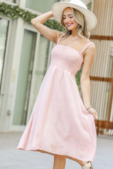 And The Why Smocking Open-Back Sleeveless Midi Dress Pale Pink OutfitFlow