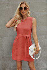 Tied Round Neck Sleeveless Sweater Dress Coral OutfitFlow