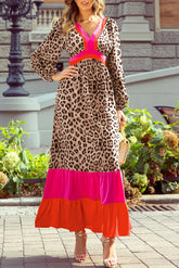 Leopard V-Neck Long Sleeve Maxi Dress Leopard OutfitFlow