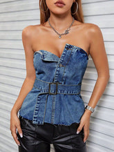 Buttoned Raw Hem Tube Denim Top Medium OutfitFlow