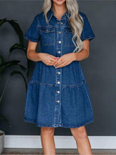 Pocketed Button Up Collared Neck Short Sleeve Denim Dress Navy OutfitFlow