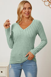 Basic Bae Full Size Ribbed V-Neck Long Sleeve T-Shirt Light Green OutfitFlow