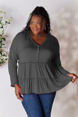 Double Take Half Button Long Sleeve Ruffle Hem Blouse OutfitFlow