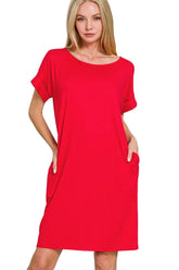 Zenana Rolled Short Sleeve Round Neck Dress RUBY OutfitFlow