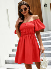 Off-Shoulder Puff Sleeve Mini Dress Deep Red OutfitFlow