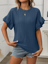 Eyelet Round Neck Flounce Sleeve Top Dusty Blue OutfitFlow