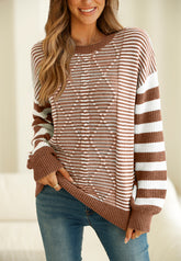 Striped Round Neck Dropped Shoulder Sweater Brown OutfitFlow