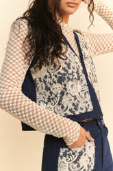 Davi & Dani Lace Patch Open Front Denim Vest Dark OutfitFlow