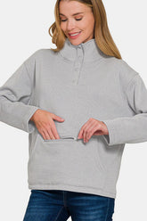 Zenana Turtleneck Half Snap Fleece Sweatshirt Gray OutfitFlow