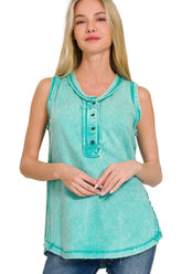 Zenana Washed Half-Button Raw Edge Sleeveless Henley Top TURQUOISE OutfitFlow
