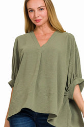 Zenana Woven Airflow V-neck Puff Half Sleeve Top LT OLIVE OutfitFlow