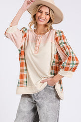 SAGE + FIG Exposed Seam Button Detail Plaid Top PINK OutfitFlow