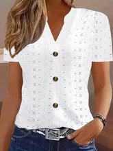 Openwork Notched Short Sleeve Top White OutfitFlow