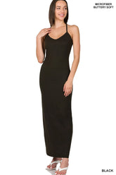 Zenana Brushed Dty Thin Strap Racerback V-Neck Maxi Dress BLACK OutfitFlow