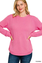 Zenana Full Size Raised Rib Round Neck Long Sleeve Top Plus Size FUCHSIA OutfitFlow