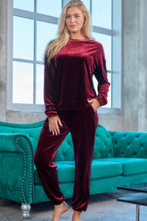 Long Sleeve Top and Pants Lounge Set Wine OutfitFlow