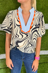 Zebra Stripe Print Contrast V-Neck Ricrac Detail Short Sleeve Blouse Top Beige OutfitFlow