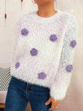 Flower Embellished Round Neck Sweater Purple One Size OutfitFlow