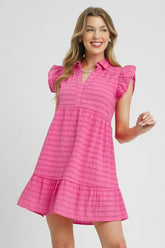 Umgee Ruffle Cap Sleeve Textured Mini Dress Hot Pink OutfitFlow