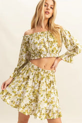 HYFVE Floral Off-Shoulder Flounce Sleeve Top and Skirt Set Yellow-Green OutfitFlow