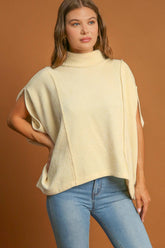 Umgee Solid Color Mock Neck Short Sleeve Top Cream OutfitFlow