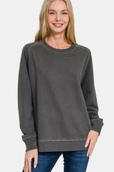Zenana Full Size Pigment Dyed French Terry Sweatshirt Black OutfitFlow