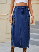 Slit Pocketed High Waist Denim Skirt Dark Blue OutfitFlow