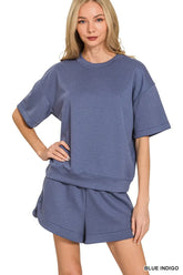 Zenana Scuba Short Sleeve Top & Shorts Set BLUE INDIGO OutfitFlow