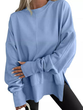 Side Slit Round Neck Long Sleeve Sweatshirt Light Blue OutfitFlow