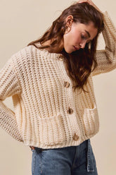 SO ME Metal Button Long Sleeve Chunky Sweater Cardigan CREAM OutfitFlow