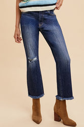 Annie Wear Distressed Raw Hem Straight Leg Cropped Jeans Dark OutfitFlow