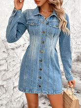 Pocketed Button Up Long Sleeve Denim Dress Medium OutfitFlow