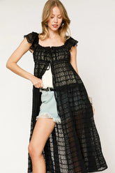Umgee Sheer Lace Ruffled Cap Sleeve Cover Up Black OutfitFlow