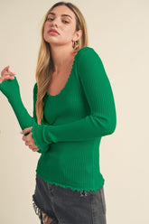 Aemi + Co Lettuce Hem Scoop Neck Long Sleeve Knit Top Dark Green OutfitFlow