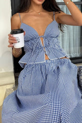 Plaid Tie Front Cami and Skirt Set Blue OutfitFlow