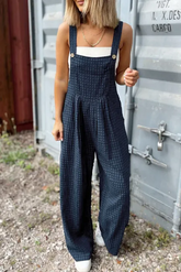 Plaid Wide Strap Wide Leg Overalls Dark Blue OutfitFlow