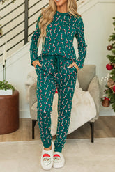 Candy Cane Print Round Neck Top and Pants Lounge Set Black Forest OutfitFlow