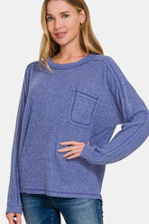 Zenana Full Size Contrast Stitching Brushed Ribbed Hacci Knit Top Blue Purple OutfitFlow
