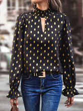 Cutout Printed Mock Neck Flounce Sleeve Blouse Black OutfitFlow