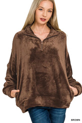 Zenana Faux Fur Half Zip Pocket Pullover BROWN OutfitFlow