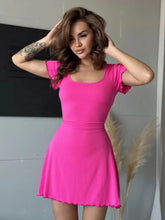 Ribbed Back Lace Up Short Sleeve Mini Dress Hot Pink OutfitFlow