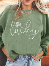 LUCKY Rhinestone Round Neck Long Sleeve Sweatshirt Sage OutfitFlow