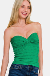 Zenana Ruched Twisted Sweetheart Neck Top Green OutfitFlow