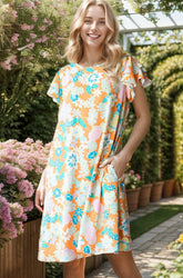 Heimish Full Size Ruffled Short Sleeve Floral Mini Dress Plus Size Orange OutfitFlow