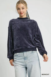 Umgee Velour Crewneck Balloon Sleeve Sweatshirt MIDNIGHT OutfitFlow