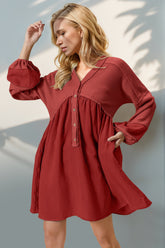 Double Take Waffle-Knit Contrast Half Button V-Neck Long Sleeve Mini Dress Red OutfitFlow